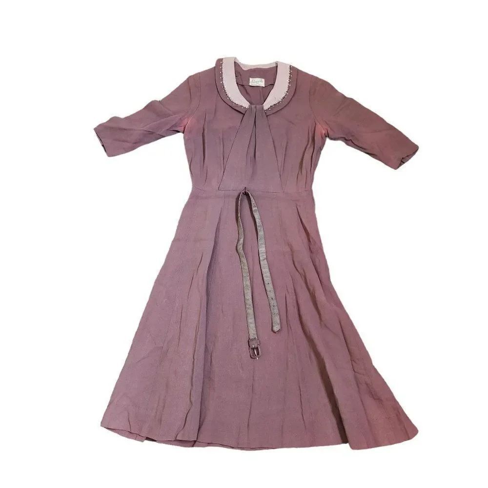 Vintage 50s Belted Day Dress Womens Size S Mauve Beaded Collar